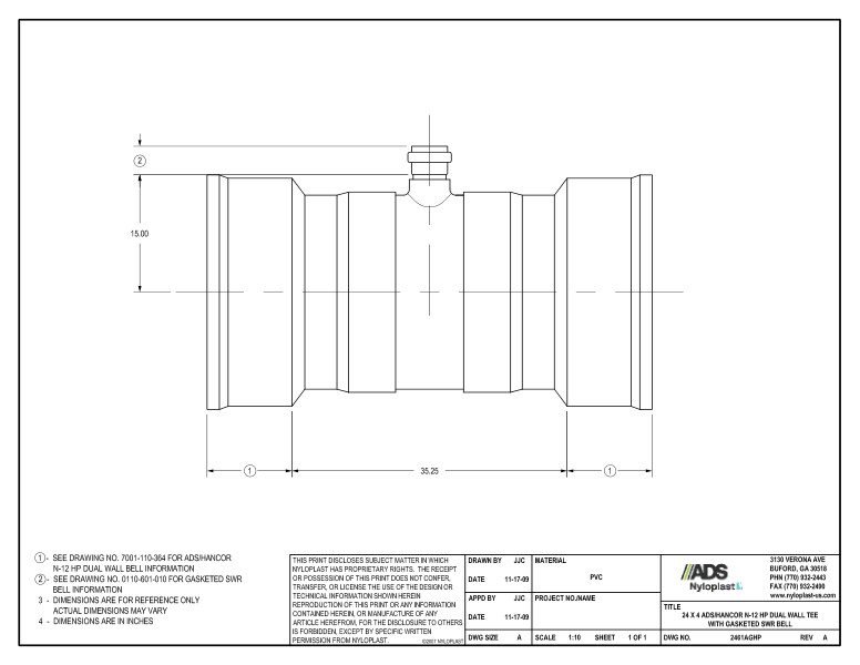 24 x 4 HP Tee with Gasketed SWR Bell Nyloplast Detail