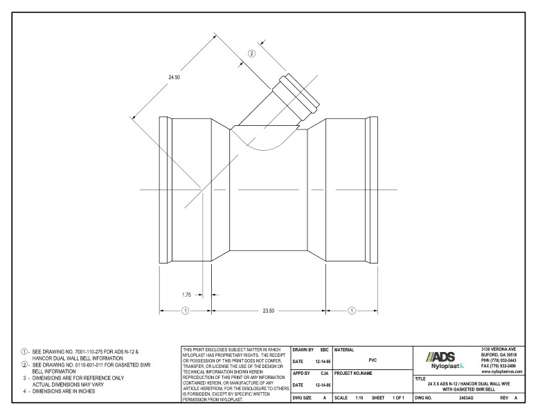 24 x 8 N-12 Dual Wall Wye with Gasketed SWR Bell Nyloplast Detail