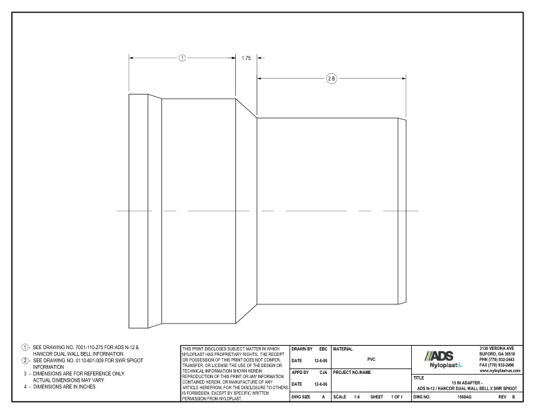 15" Adapter - N-12 Dual Wall Bell x SWR Spigot Nyloplast Detail