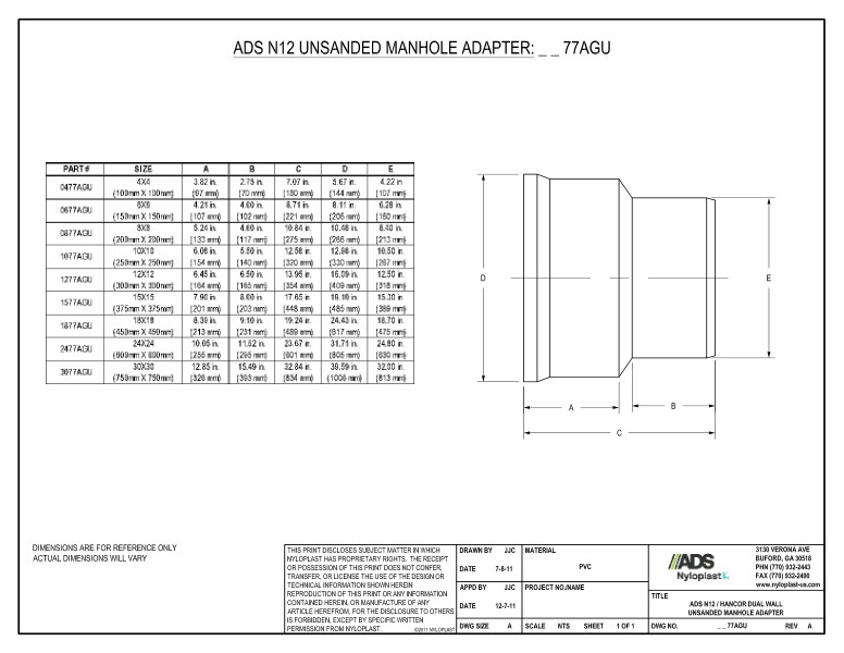 Unsanded Manhole Adapter - N-12 Dual Wall Bell x SWR Spigot Nyloplast Detail