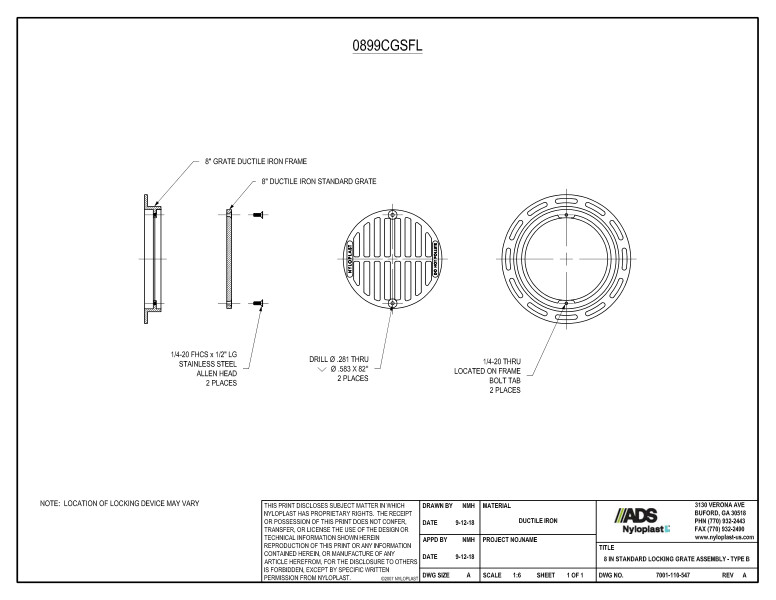 8" Standard Locking Grate Assembly (Drain Basin) Nyloplast Detail