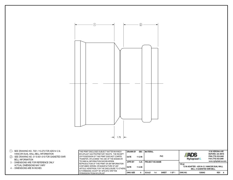 12" Adapter - N-12 Dual Wall Bell x Gasketed SWR Bell Nyloplast Detail