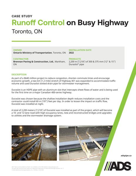 Runoff Control on Busy Highway (Toronto, ON) Case Study