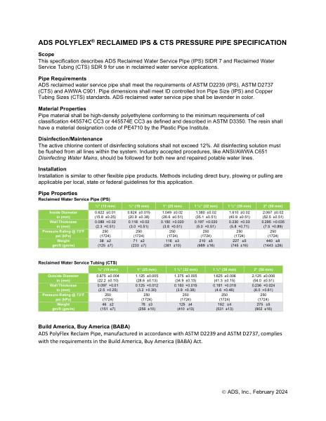 Reclaimed Water Service Tubing (IPS & CTS) Specification