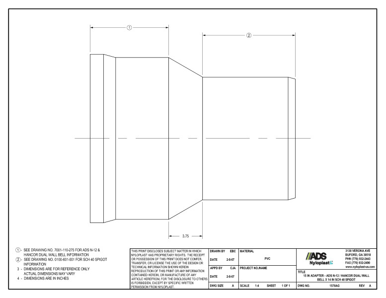 15" Adapter - N-12 Dual Wall Bell x SCH 40 Spigot Nyloplast Detail