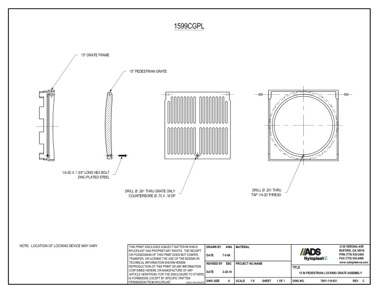 15" Pedestrian Locking Grate Assembly Nyloplast Detail