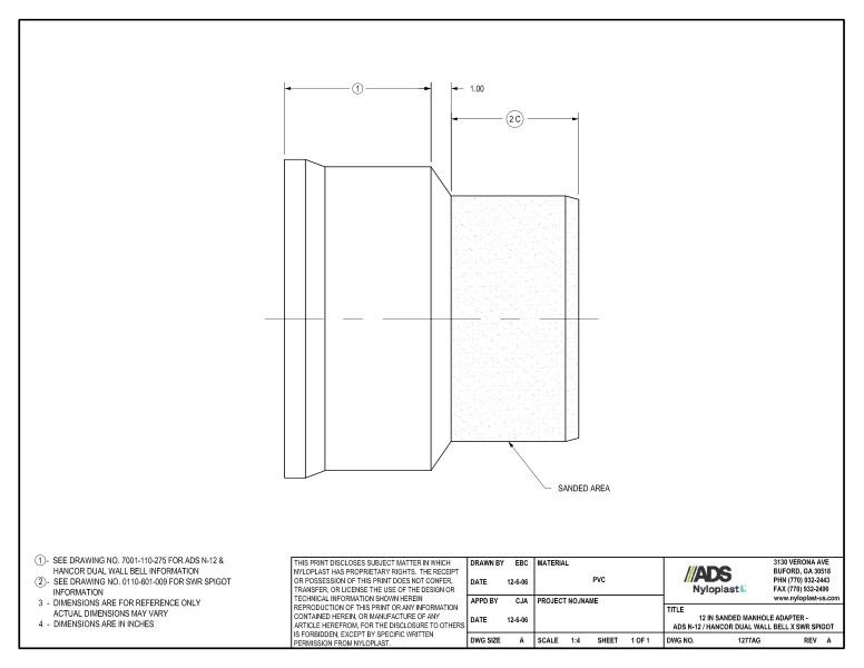 12" Sanded Manhole Adapter - N-12 Dual Wall Bell x SWR Spigot Nyloplast Detail