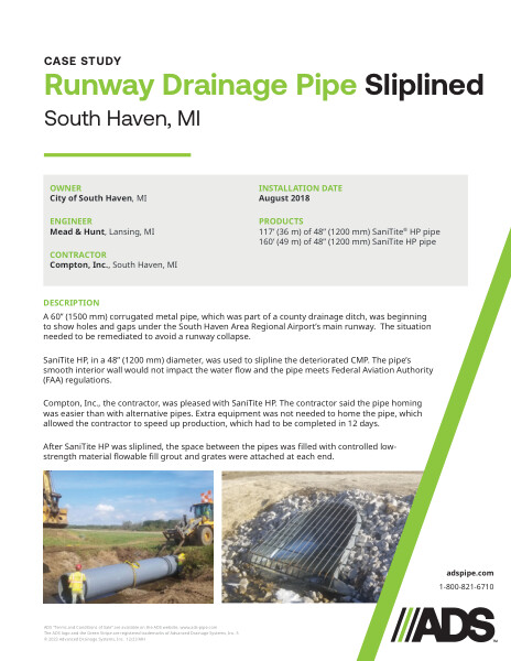 Runway Drainage Pipe Sliplined (South Haven, MI) Case Study