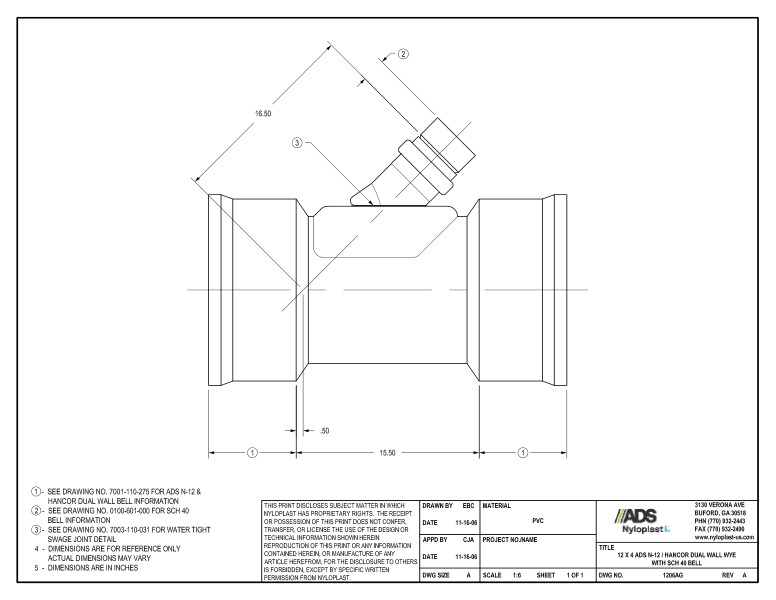 12 x 4 N-12 Dual Wall Wye with SCH 40 Bell Nyloplast Detail