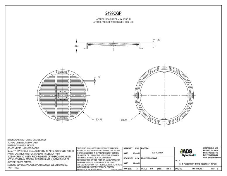 24" Pedestrian Grate Assembly Nyloplast Detail