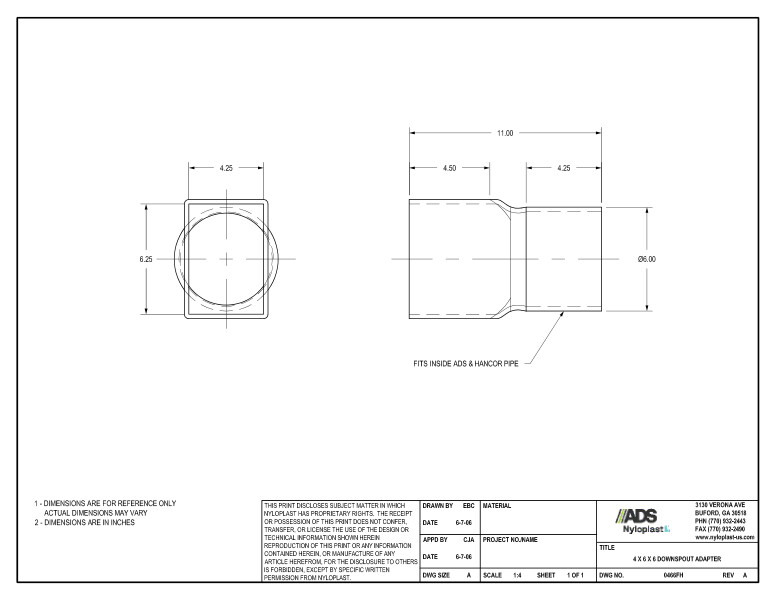 4 X 6 X 6 Downspout Adapter Nyloplast Detail