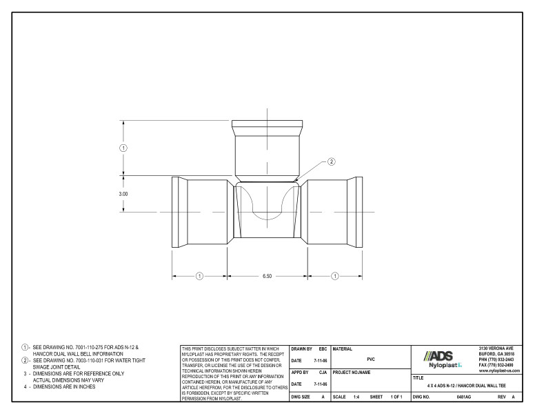 4 x 4 N-12 Dual Wall Tee Nyloplast Detail