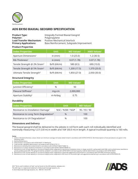 BX150 Biaxial Grid Geosynthetic Specification
