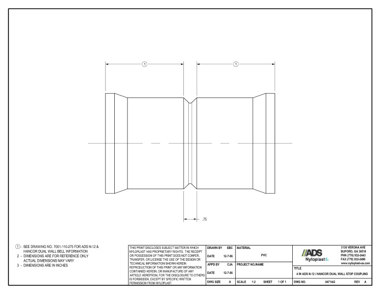 4" N-12 Dual Wall Stop Coupling Nyloplast Detail