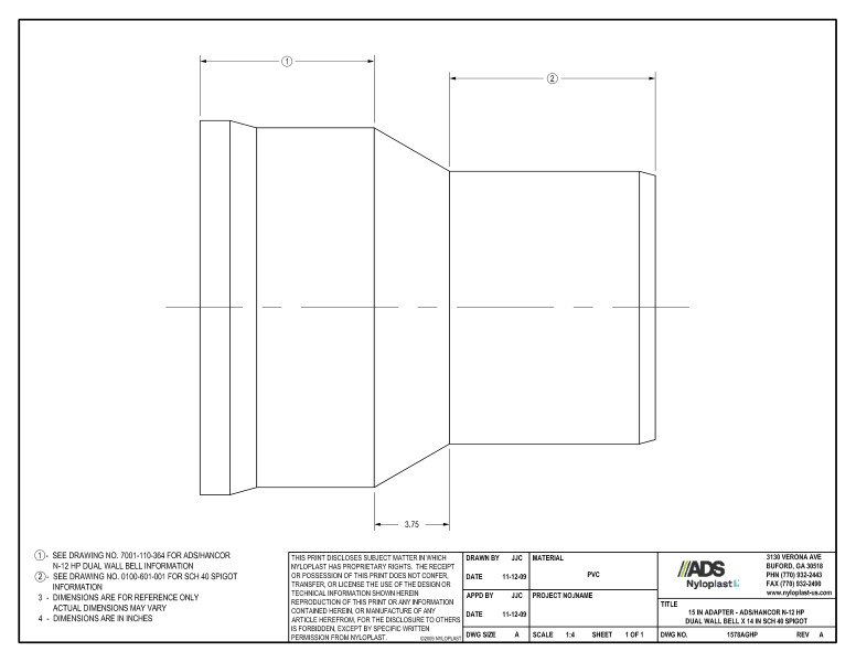 15" Adapter - HP Bell x 14" SCH 40 Spigot Nyloplast Detail