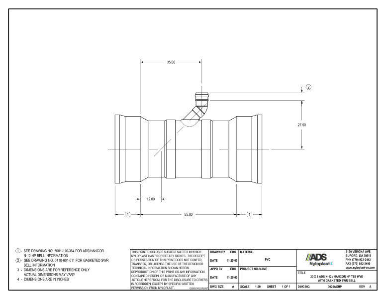 30 x 6 HP Tee Wye with Gasketed SWR Bell Nyloplast Detail