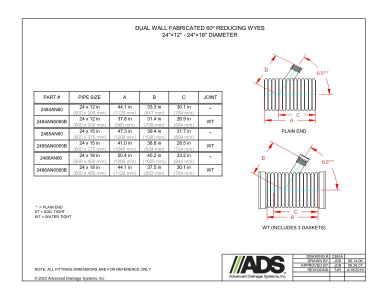 24" x 12" - 24" x 18" Fabricated 60 Degree Reducing Wye  (HDPE Dual Wall Fabricated Wye Fittings)