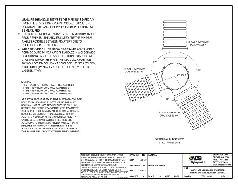 Nyloplast Drain Basin Layout with Minimum Angle Measurement Example Detail