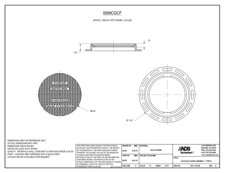 8" Solid Cover Assembly (Drain Basin) Nyloplast Detail