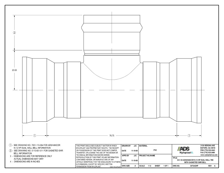 30 x 30 HP Tee with Gasketed SWR Bell Nyloplast Detail