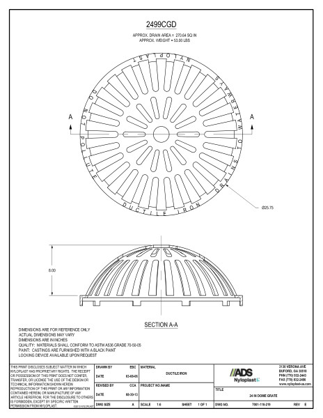 24" Dome Grate Assembly Nyloplast Detail