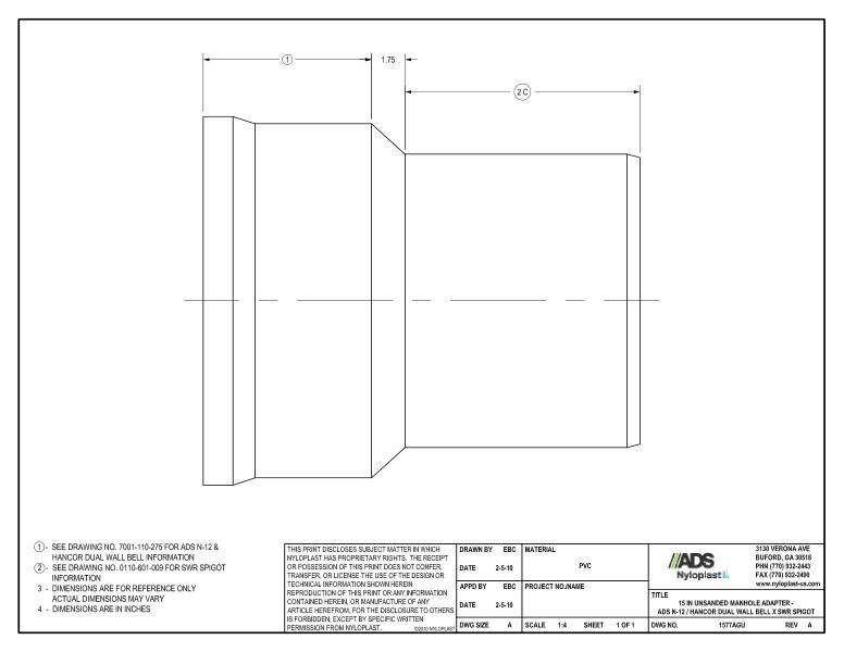 15" Unsanded Manhole Adapter - N-12 Dual Wall Bell x SWR Spigot Nyloplast Detail