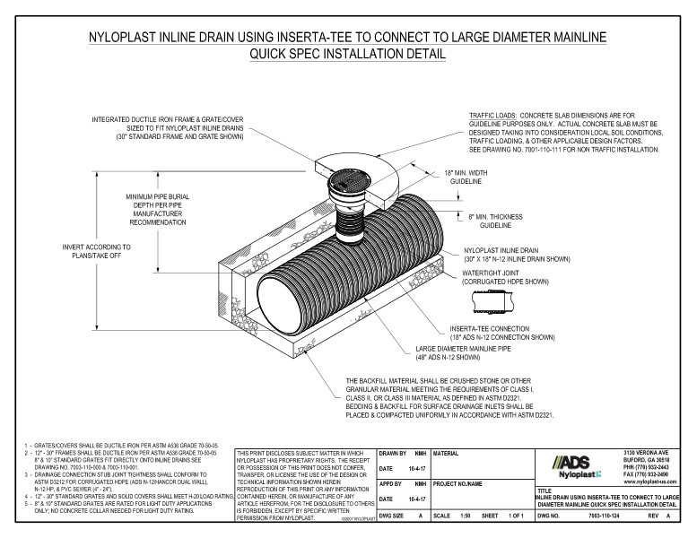 Inline Drain Using Inserta-Tee to Connect to Large Diameter Mainline Quick Spec Installation Nyloplast Detail