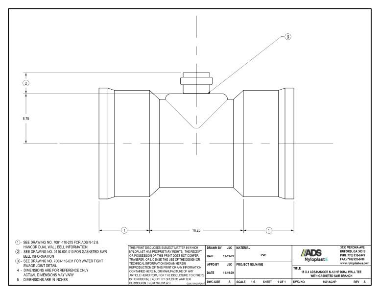 15 x 4 HP Tee with Gasketed SWR Bell Nyloplast Detail