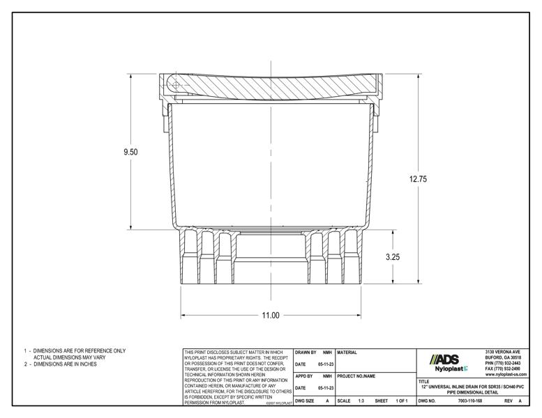 12" Universal Inline Drain for SDR35 / SCH40 PVC