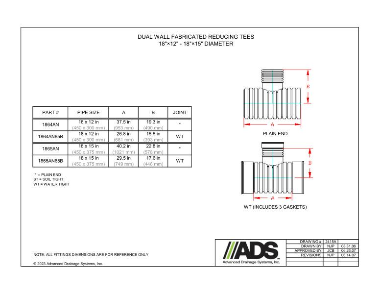 18" x 12" - 18" x 15" Fabricated Reducing Tees (HDPE Dual Wall Fabricated Tees Fittings)