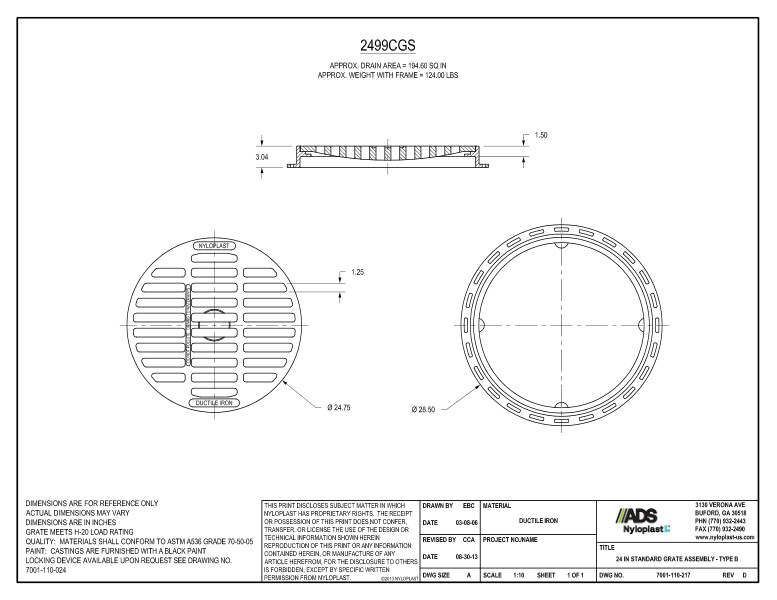 24" Standard Grate Assembly Nyloplast Detail