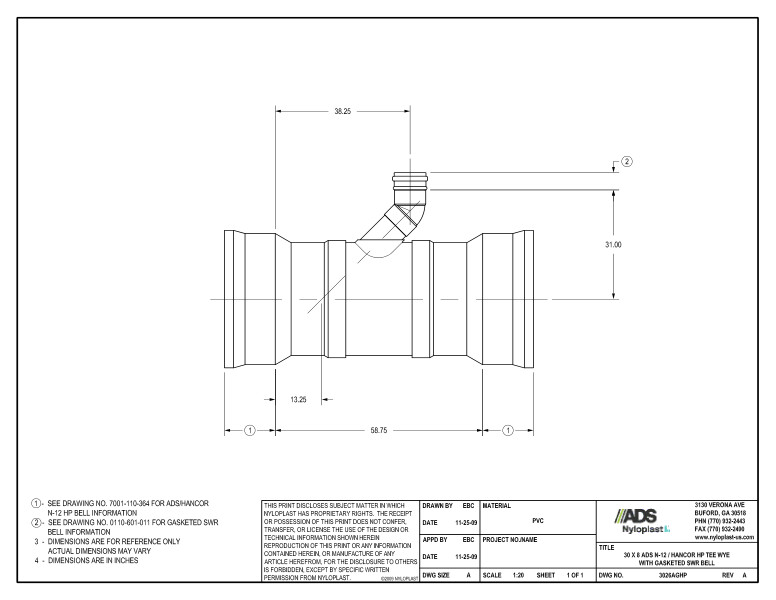 30 x 8 HP Tee Wye with Gasketed SWR Bell Nyloplast Detail