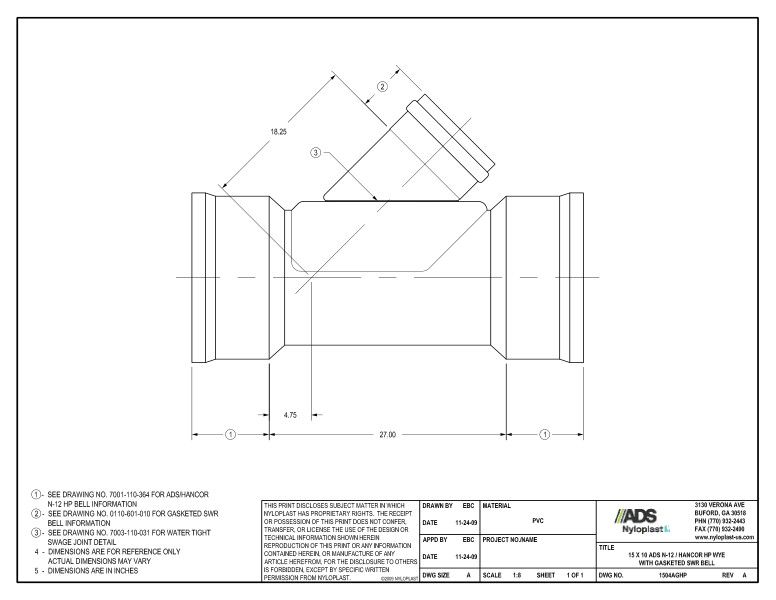 15 x 10 HP Wye with Gasketed SWR Bell Nyloplast Detail