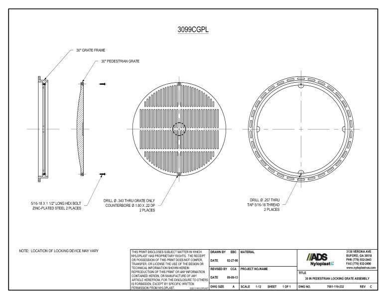 30" Pedestrian Locking Grate Assembly Nyloplast Detail