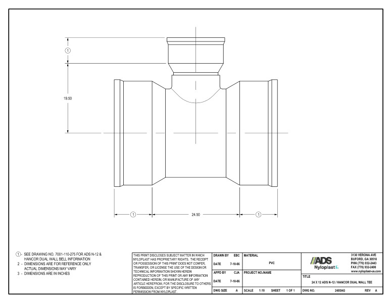 24 x 12 N-12 Dual Wall Tee Nyloplast Detail