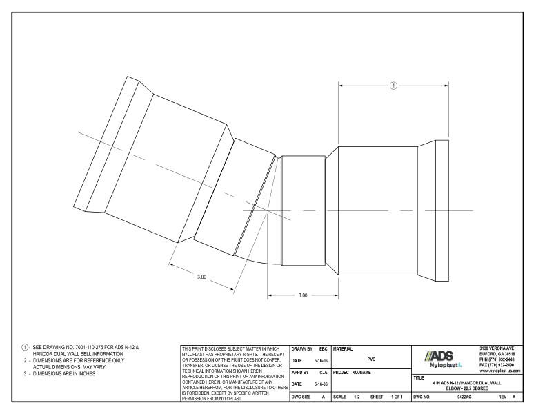 4" N-12 Dual Wall Elbow - 22.5 Degree Nyloplast Detail 