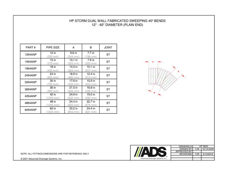 45º Sweeping Bends 12"-60" HP Storm - Plain End (HP Storm Bends Fittings Manual)