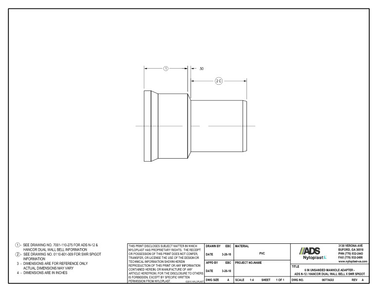 6" Unsanded Manhole Adapter - N-12 Dual Wall Bell x SWR Spigot Nyloplast Detail