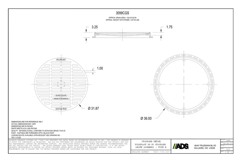 30" Standard Grate Assembly Nyloplast Detail