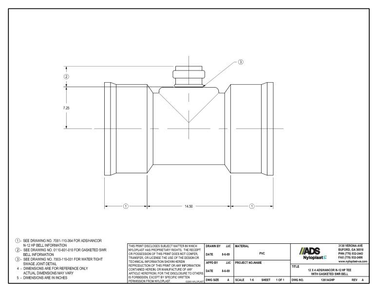 12 x 4 HP Tee with Gasketed SWR Bell Nyloplast Detail