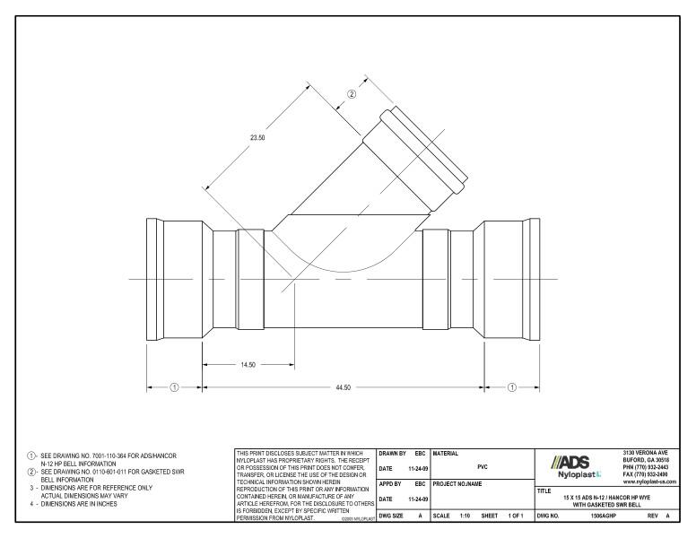 15 x 15 HP Wye with Gasketed SWR Bell Nyloplast Detail