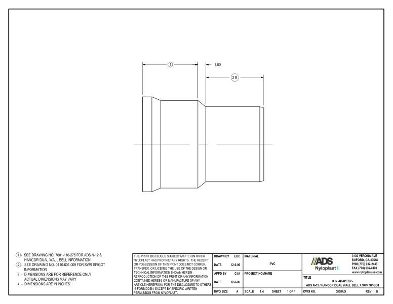 8" Adapter - N-12 Dual Wall Bell x SWR Spigot Nyloplast Detail