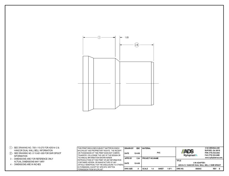 8" Adapter - N-12 Dual Wall Bell x SWR Spigot Nyloplast Detail