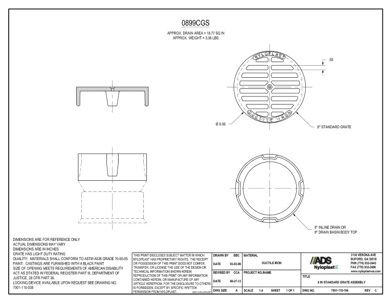 8" Standard Grate Assembly (Inline Drain) Nyloplast Detail