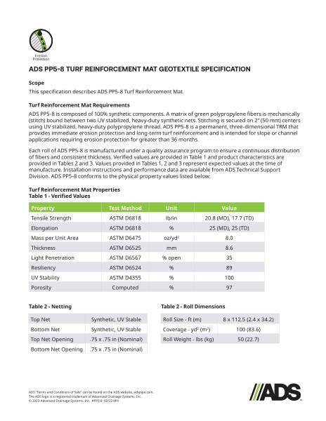 PP5-8 Turf Reinforcement Mat Geosynthetic Specification