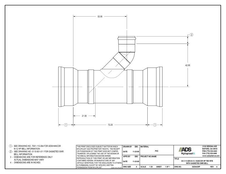 30 x 15 HP Tee Wye with Gasketed SWR Bell Nyloplast Detail