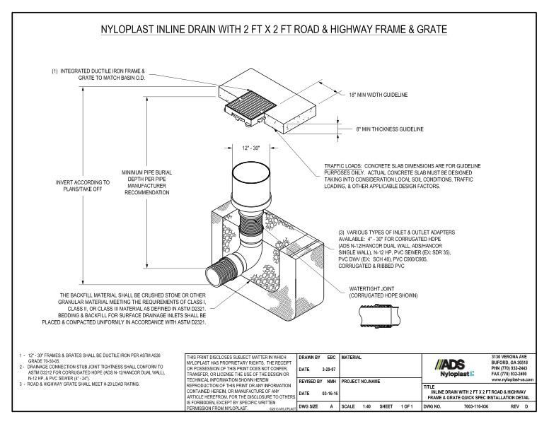 Inline Drain with 2' x 2' Road & Highway Frame & Grate Quick Spec Installation Nyloplast Detail