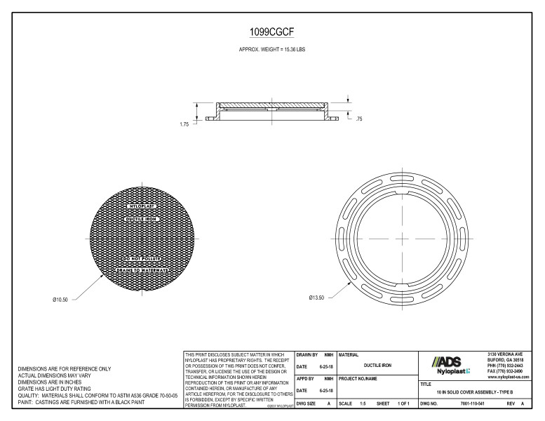 10" Solid Cover Assembly (Drain Basin) Nyloplast Detail