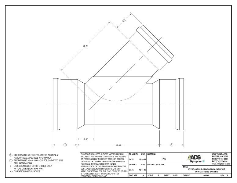 15 x 15 N-12 Dual Wall Wye with Gasketed SWR Bell Nyloplast Detail