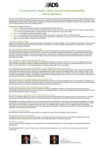 Environmental, Health, Safety, Security and Sustainability Policy Statement